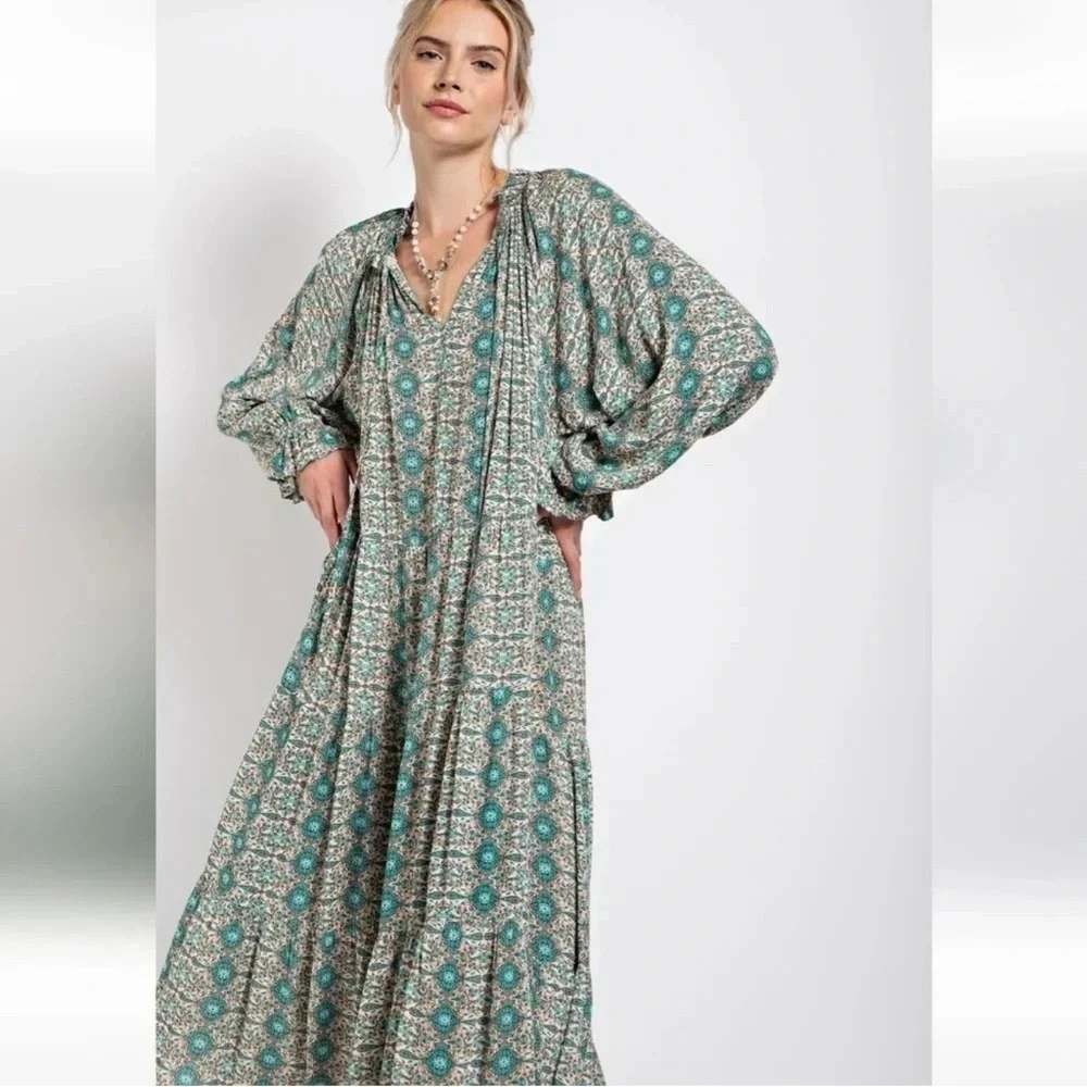 Easel Paisley Mint Green Printed Long Sleeve Gauze Maxi Dress - Picture 7 of 10